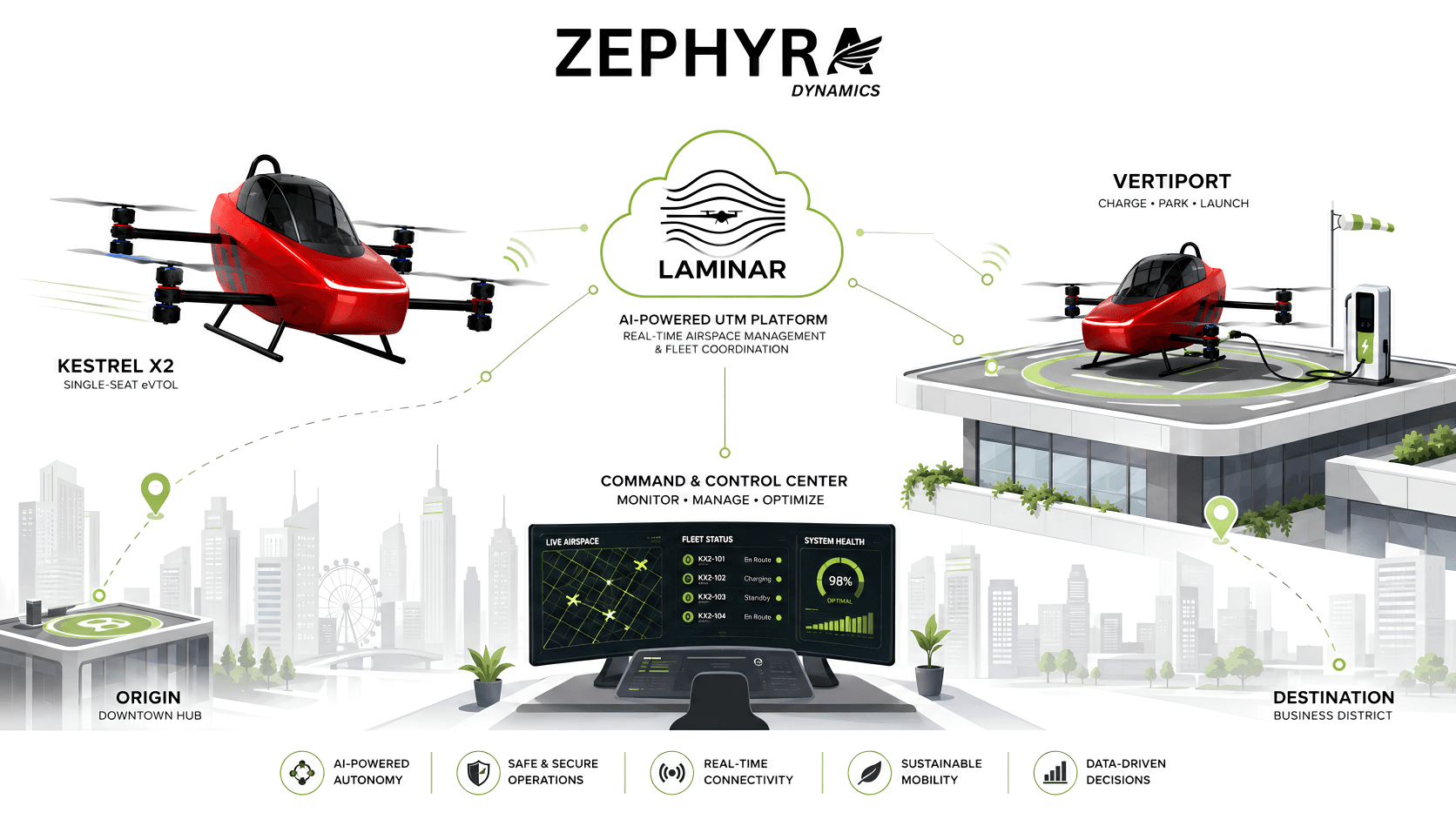Zephyra Dynamics urban air mobility system showing Kestrel X2, LAMINAR and a vertiport network