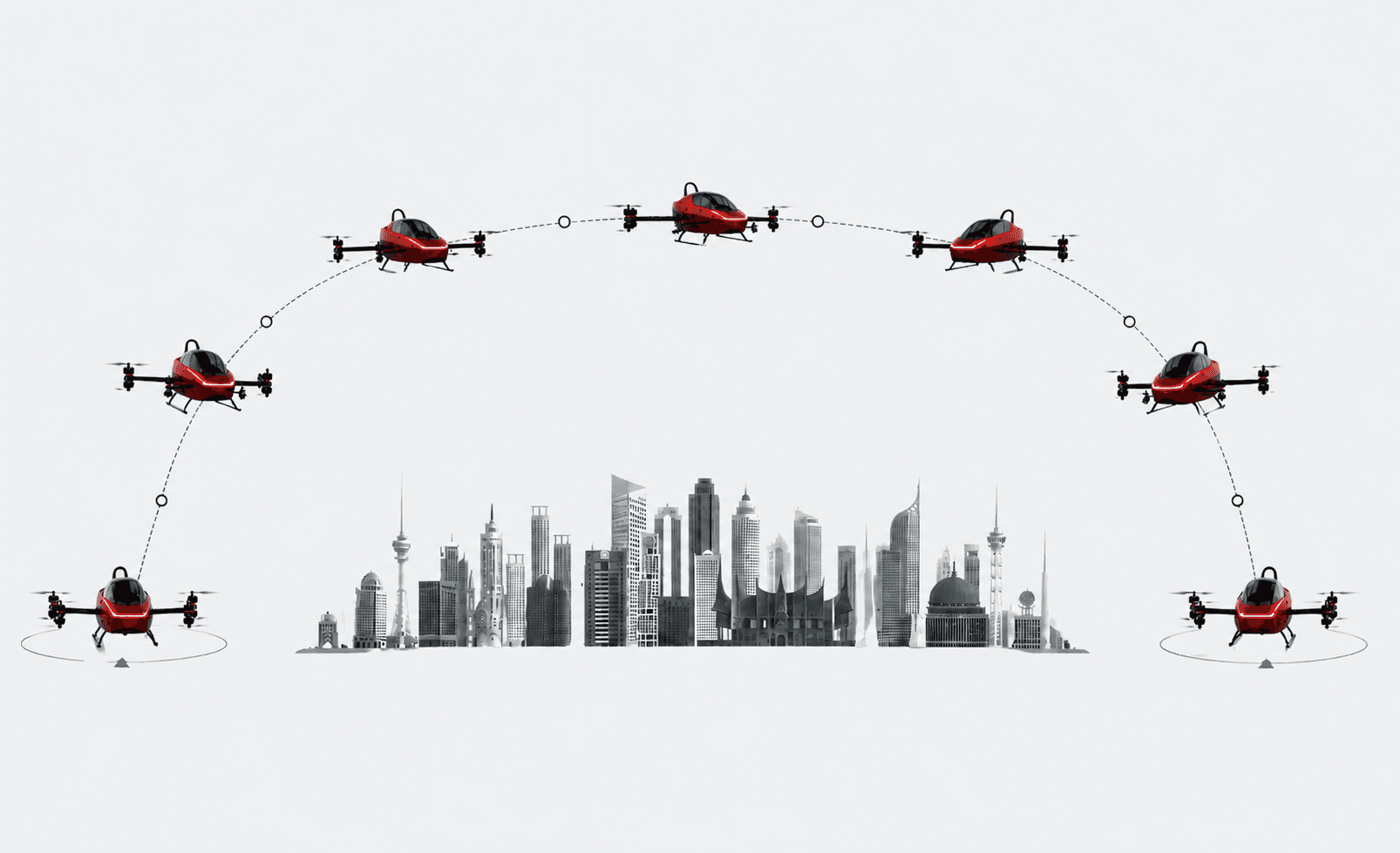 Kestrel X2 mission profile: vertical ascent, cruise across the city skyline, descent and vertical landing